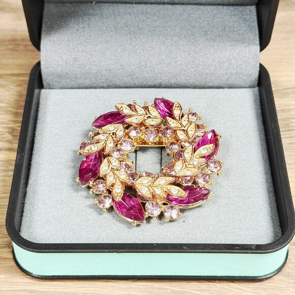 Flower Brooch, Wreath Brooch, Crystal Brooch, Fuchsia Crystal Brooch, Brooch Pin - Picture 1 of 8